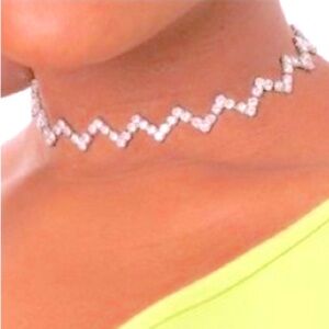Zig Zag Silver Choker W/ Clear Crystals With A Extension Necklace